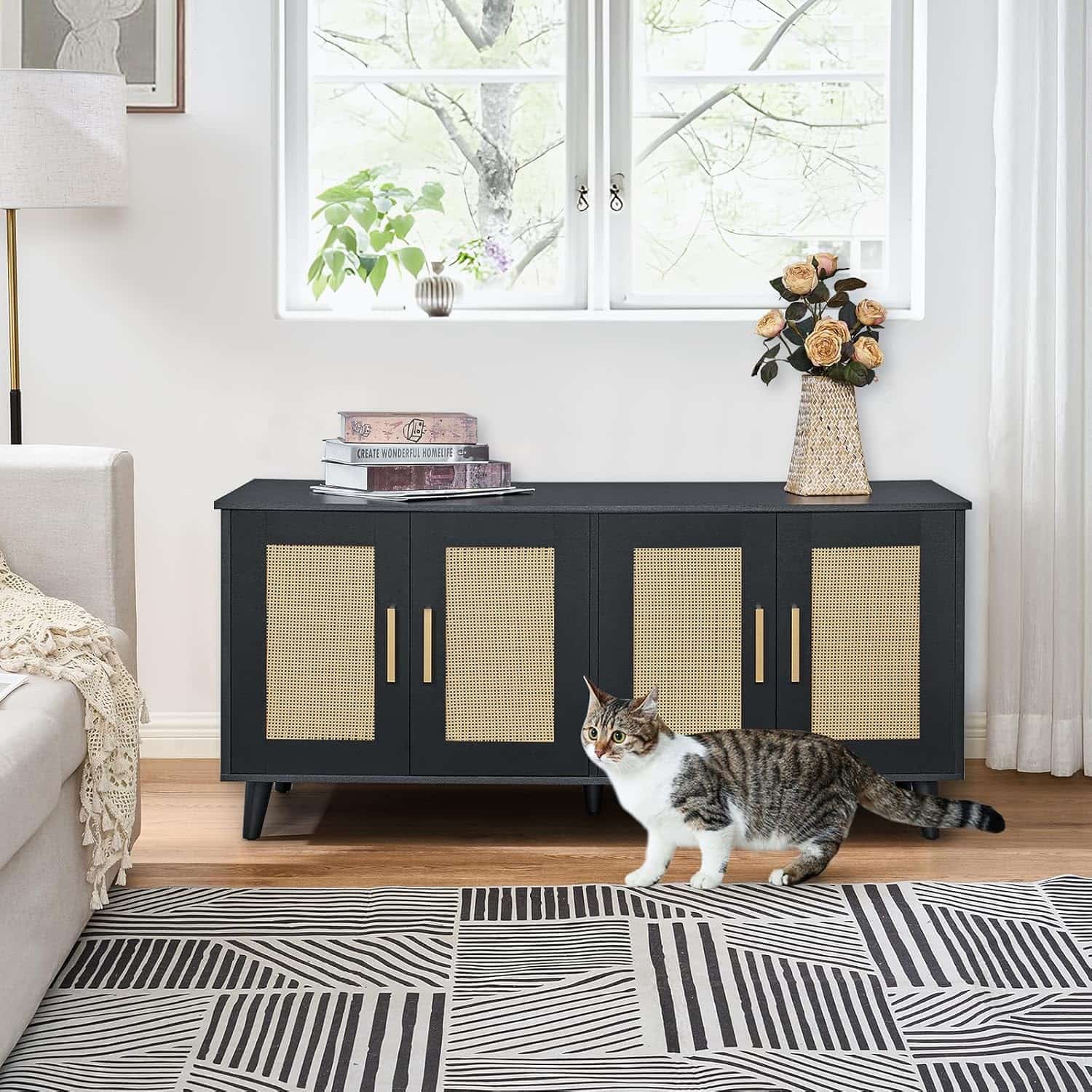 mueble arenero oculto doble para gatos Homhedy de ratan y madera con medidas de 119.89 por 50.04 por 55.12 centimetros en chile