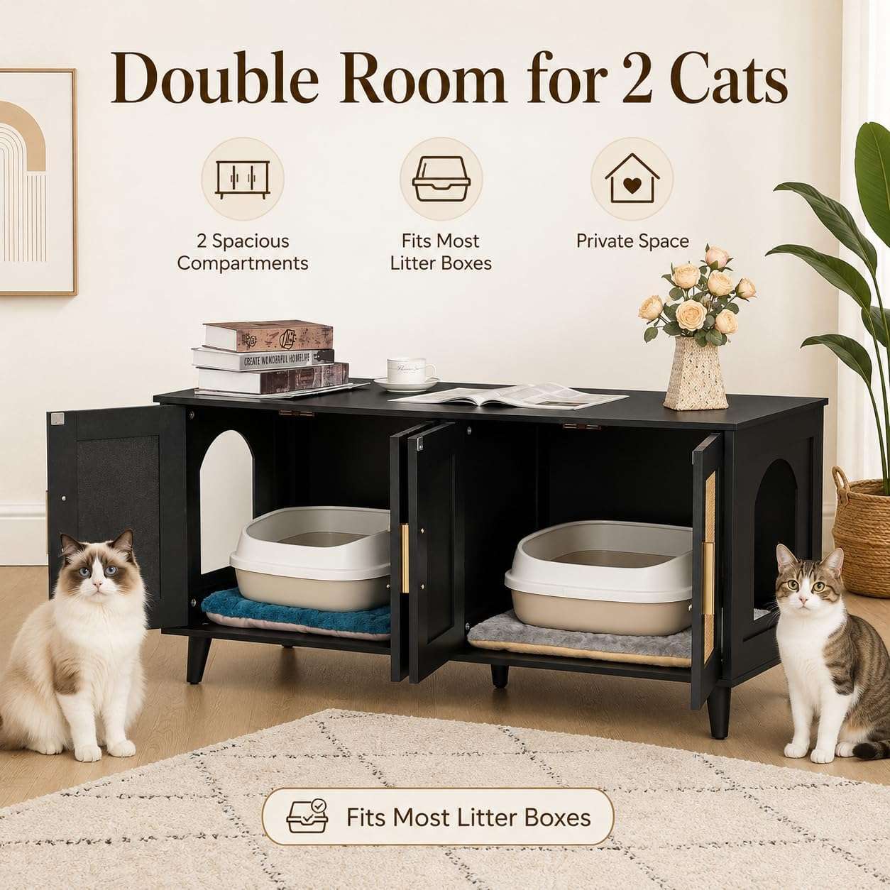 mueble arenero oculto doble para gatos Homhedy de ratan y madera con medidas de 119.89 por 50.04 por 55.12 centimetros en chile
