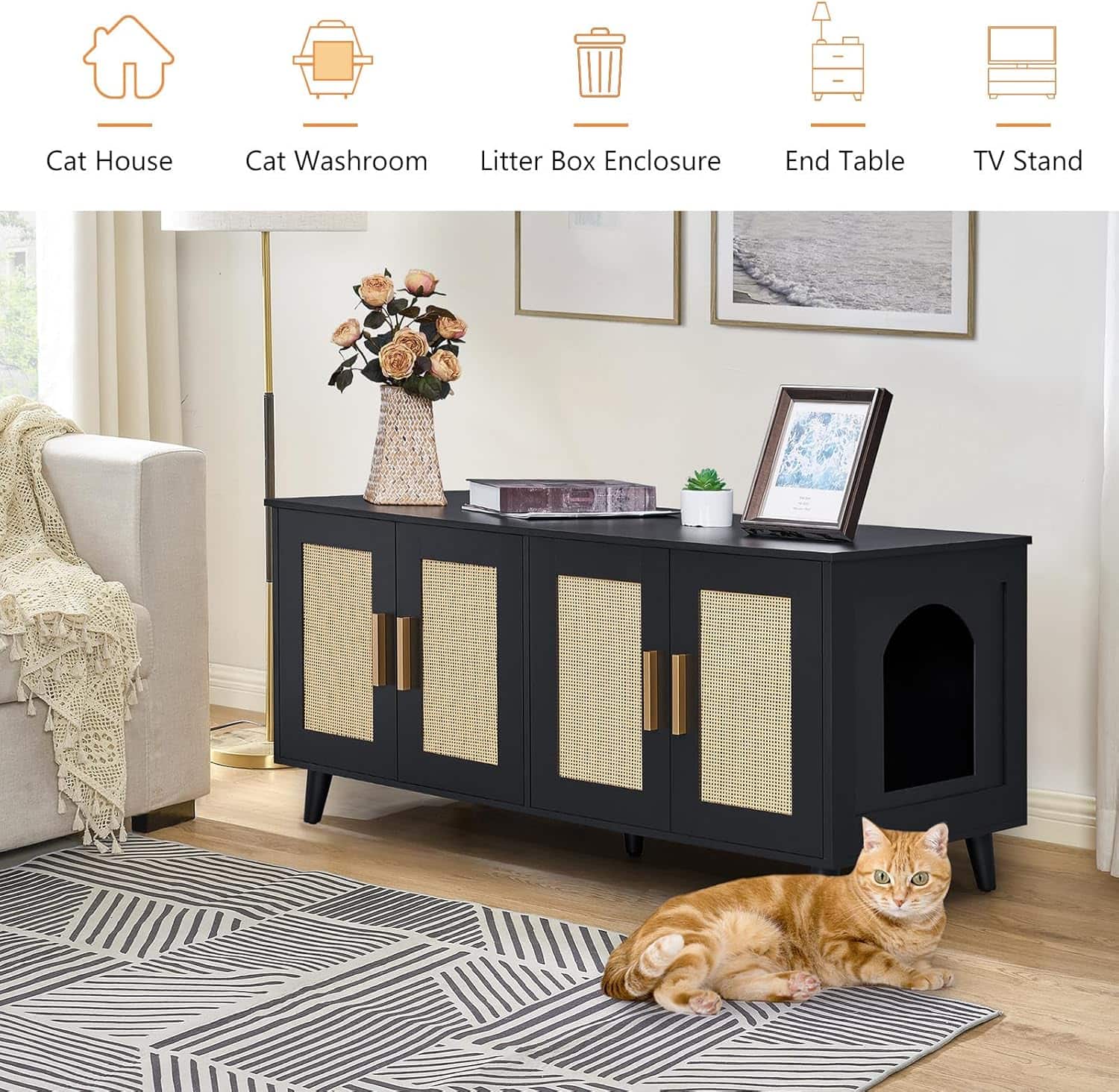 mueble arenero oculto doble para gatos Homhedy de ratan y madera con medidas de 119.89 por 50.04 por 55.12 centimetros en chile