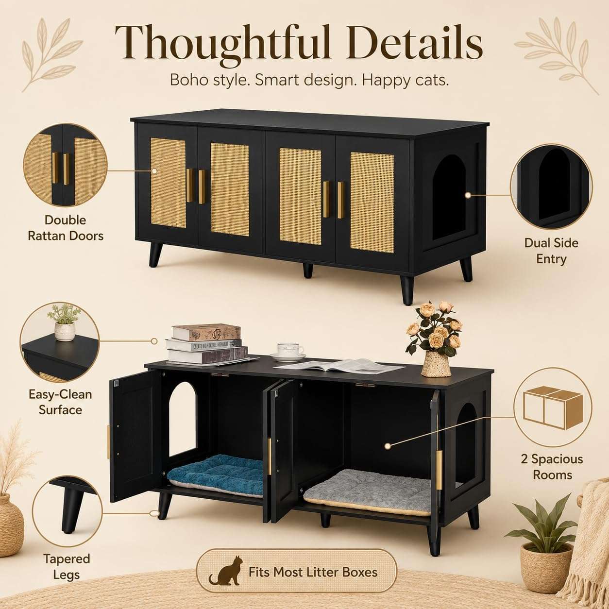 mueble arenero oculto doble para gatos Homhedy de ratan y madera con medidas de 119.89 por 50.04 por 55.12 centimetros en chile