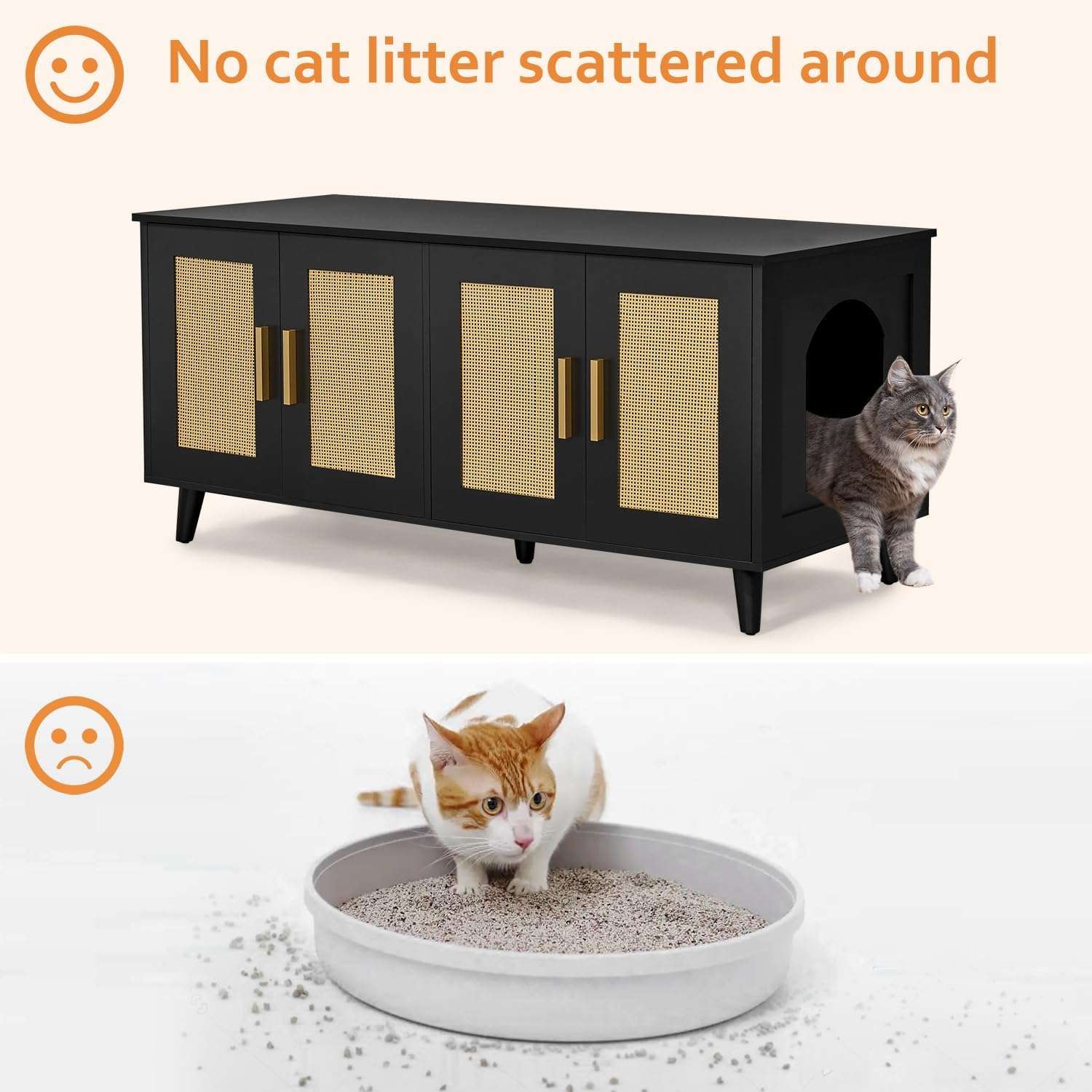 mueble arenero oculto doble para gatos Homhedy de ratan y madera con medidas de 119.89 por 50.04 por 55.12 centimetros en chile