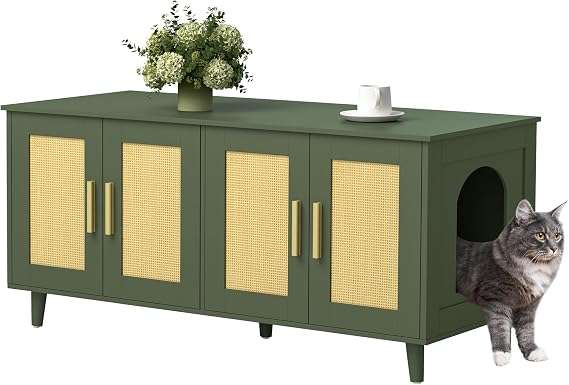 mueble arenero oculto doble para gatos Homhedy de ratan y madera con medidas de 119.89 por 50.04 por 55.12 centimetros en chile