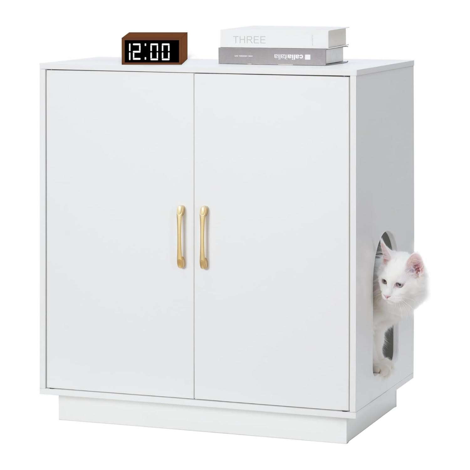 mueble arenero oculto para gatos Gitelsnour blanco con almacenamiento y medidas de 70.10 por 44.96 por 79.50 centimetros