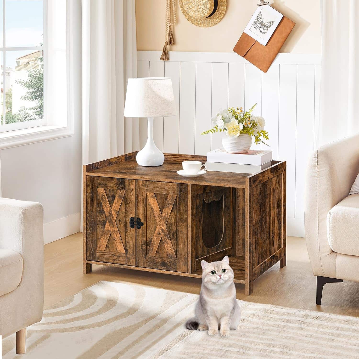 mueble arenero oculto para gatos marca MAHANCRIS de madera con divisor y medidas de 80.01 por 50.04 por 50.04 centimetros en chile