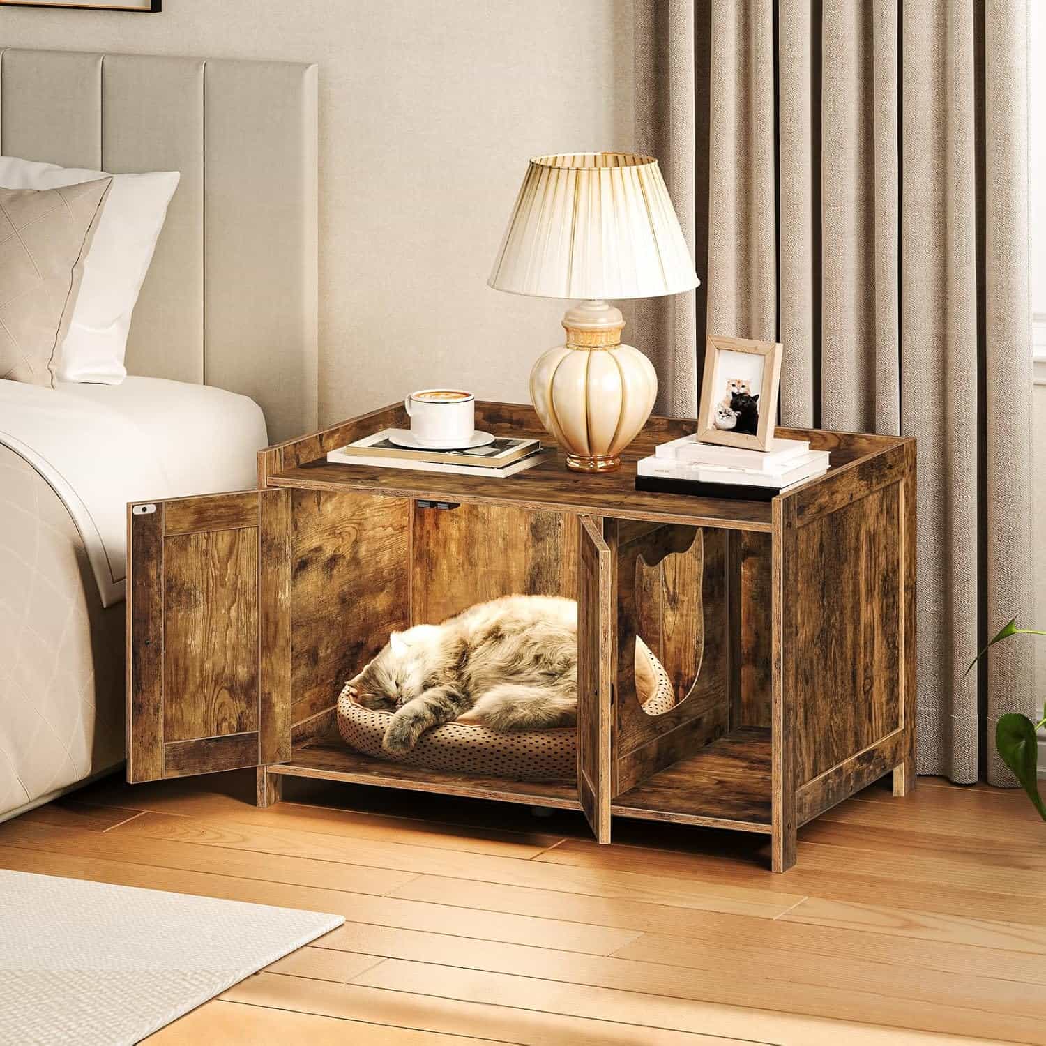 mueble arenero oculto para gatos marca MAHANCRIS de madera con divisor y medidas de 80.01 por 50.04 por 50.04 centimetros en chile