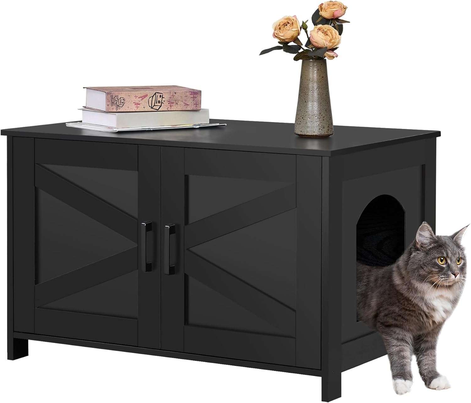 mueble arenero oculto para gatos Homhedy de madera negro estilo puerta de granero con medidas de 80.01 por 50.04 por 50.04 centimetros en chile