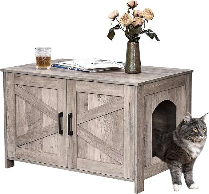 mueble arenero oculto para gatos Homhedy de madera negro estilo puerta de granero con medidas de 80.01 por 50.04 por 50.04 centimetros en chile