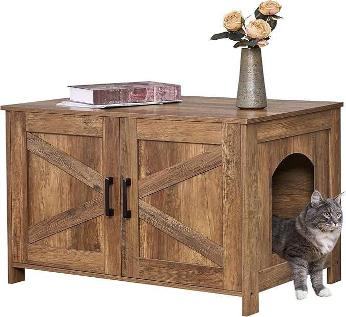 mueble arenero oculto para gatos Homhedy de madera negro estilo puerta de granero con medidas de 80.01 por 50.04 por 50.04 centimetros en chile