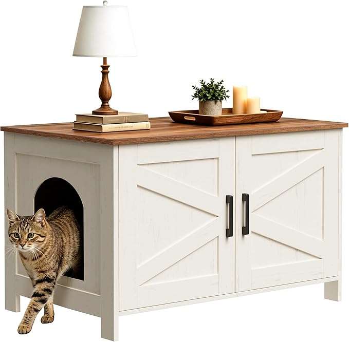 mueble arenero oculto para gatos Homhedy de madera negro estilo puerta de granero con medidas de 80.01 por 50.04 por 50.04 centimetros en chile