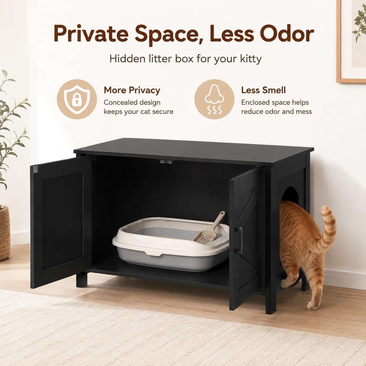 mueble arenero oculto para gatos Homhedy de madera negro estilo puerta de granero con medidas de 80.01 por 50.04 por 50.04 centimetros en chile