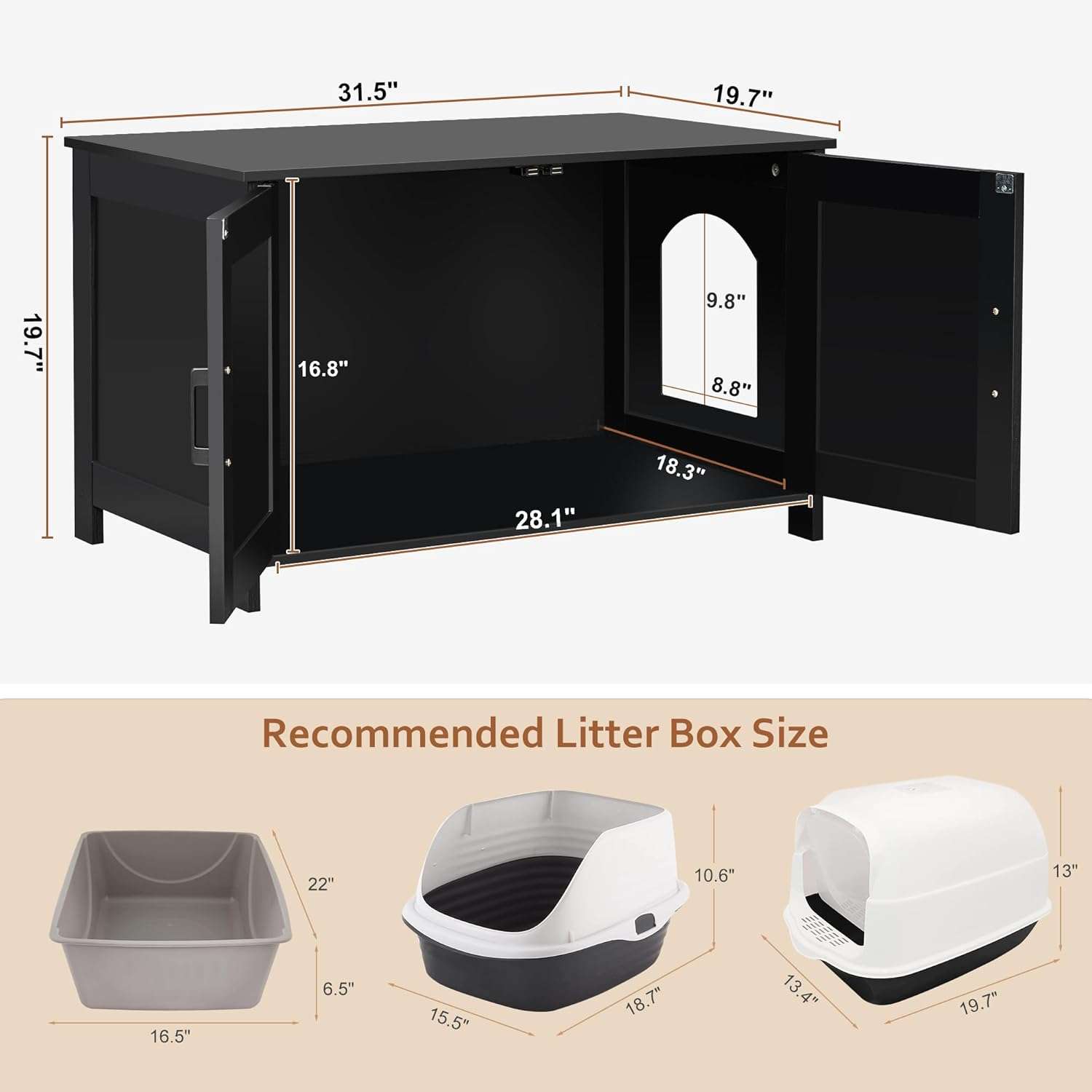 mueble arenero oculto para gatos Homhedy de madera negro estilo puerta de granero con medidas de 80.01 por 50.04 por 50.04 centimetros en chile