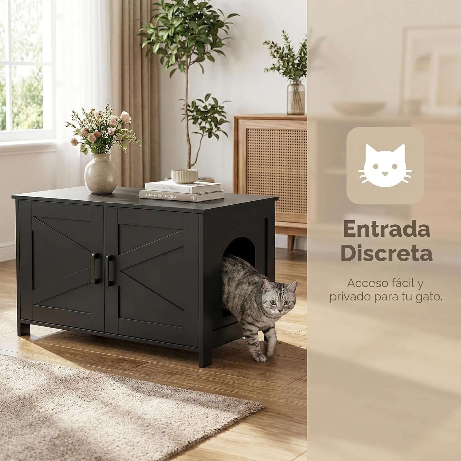 mueble arenero oculto para gatos Homhedy de madera negro estilo puerta de granero con medidas de 80.01 por 50.04 por 50.04 centimetros en chile