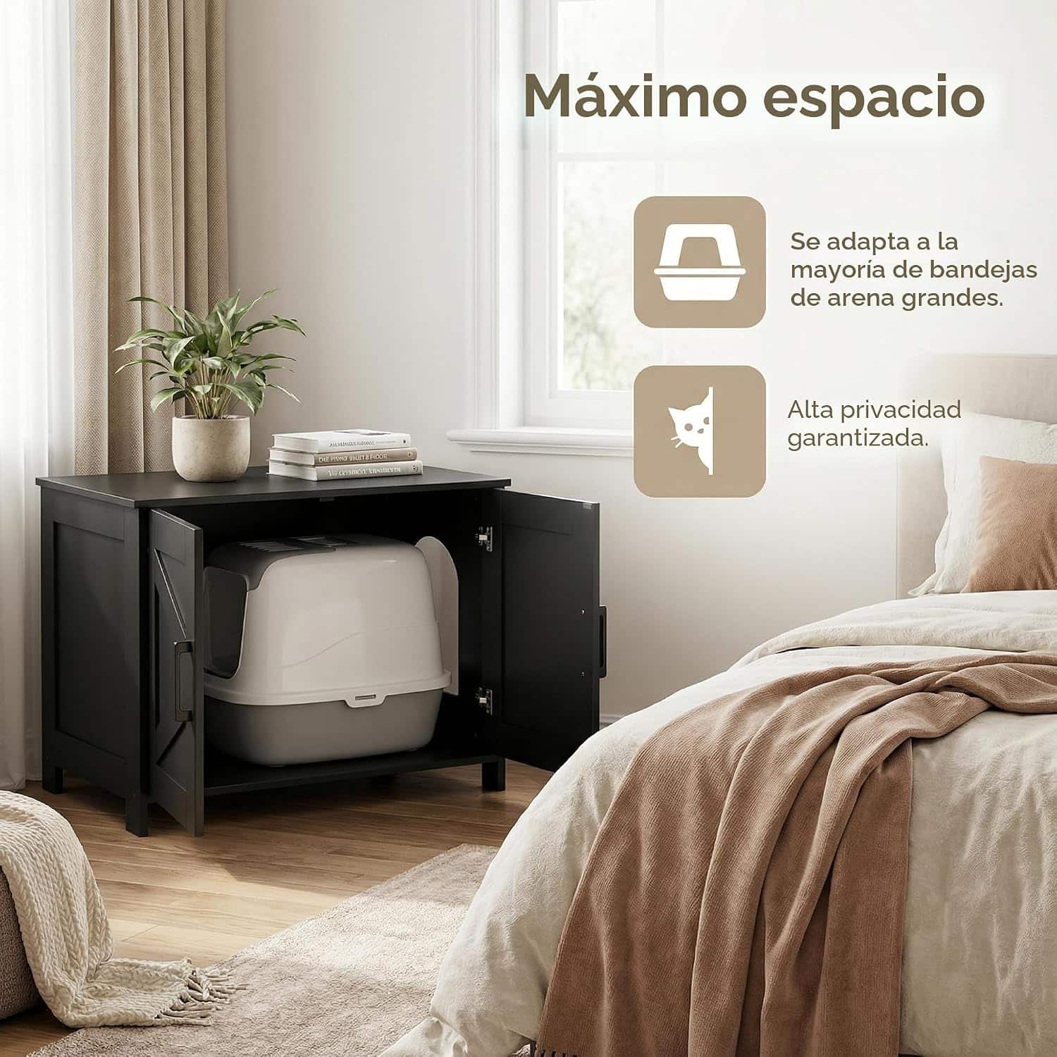 mueble arenero oculto para gatos Homhedy de madera negro estilo puerta de granero con medidas de 80.01 por 50.04 por 50.04 centimetros en chile