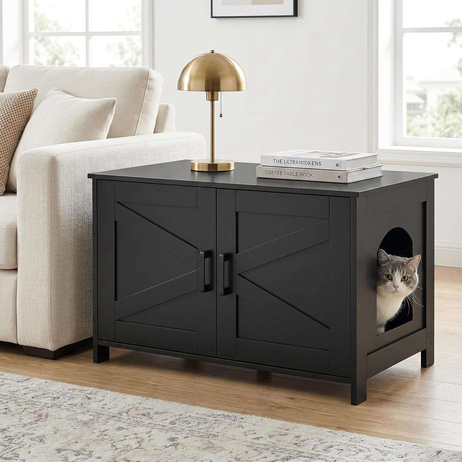 mueble arenero oculto para gatos Homhedy de madera negro estilo puerta de granero con medidas de 80.01 por 50.04 por 50.04 centimetros en chile