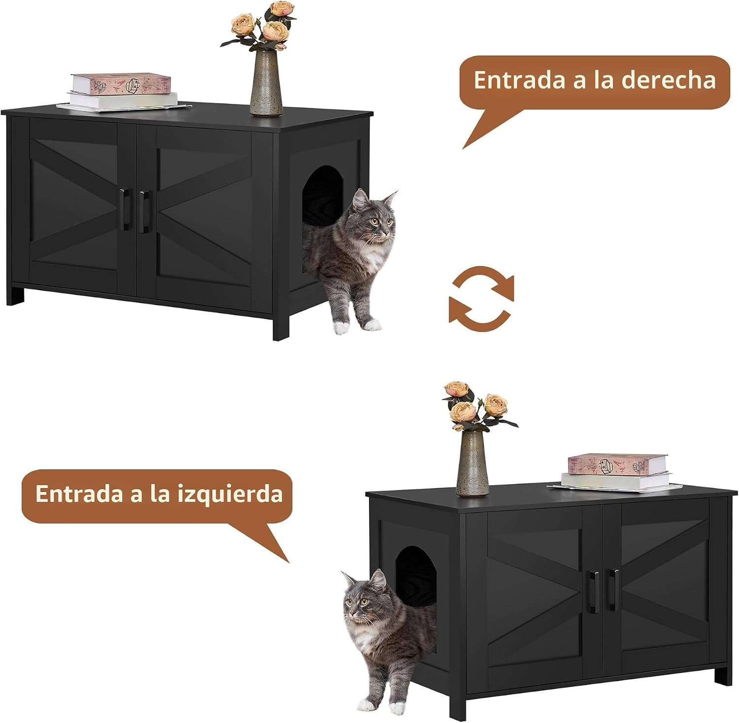 mueble arenero oculto para gatos Homhedy de madera negro estilo puerta de granero con medidas de 80.01 por 50.04 por 50.04 centimetros en chile