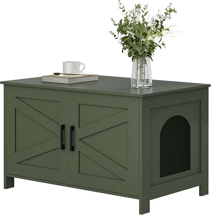 mueble arenero oculto para gatos Homhedy de madera negro estilo puerta de granero con medidas de 80.01 por 50.04 por 50.04 centimetros en chile