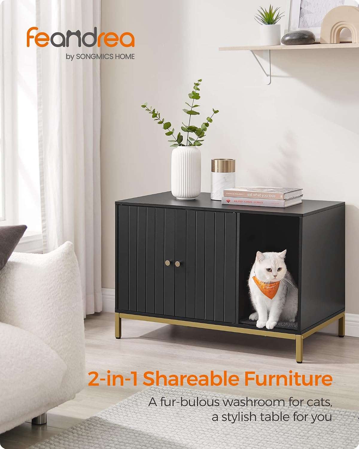 Mueble Arenero Oculto Gatos Negro y Dorado 80x50x55 cm - Imagen 9