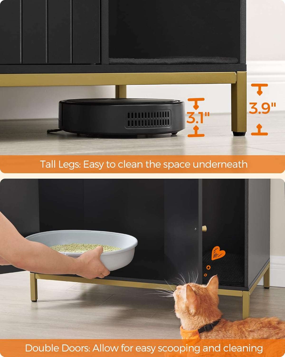 Mueble Arenero Oculto Gatos Negro y Dorado 80x50x55 cm - Imagen 6