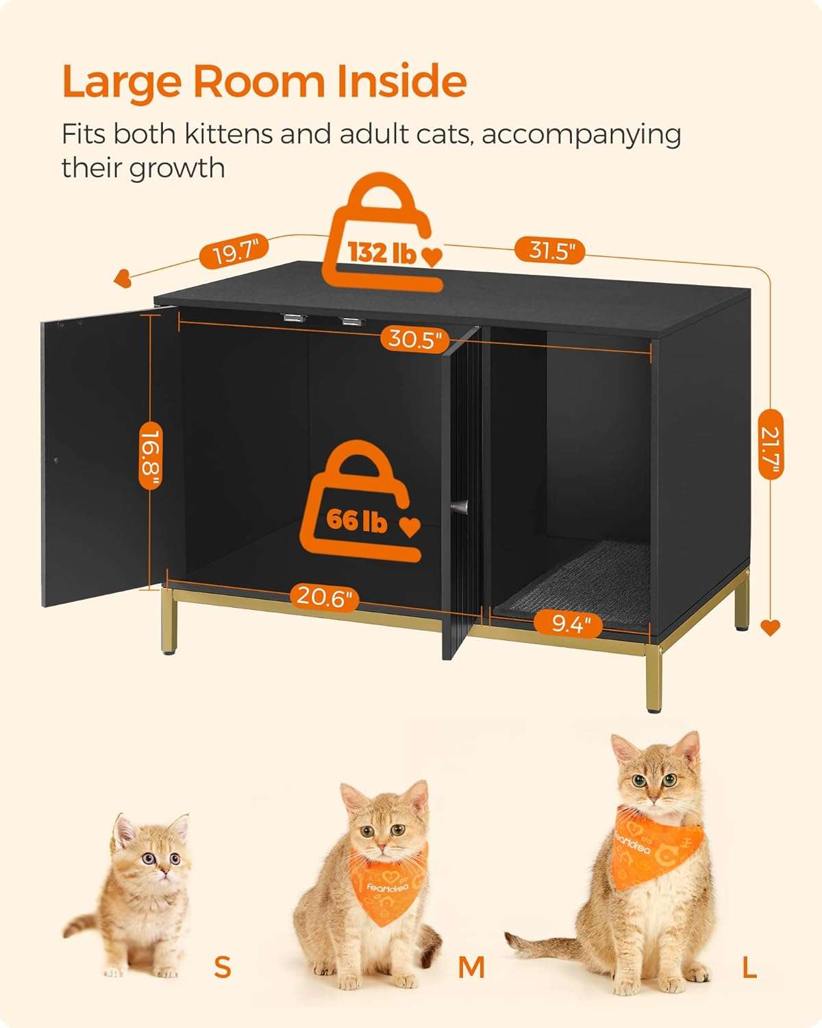 Mueble Arenero Oculto Gatos Negro y Dorado 80x50x55 cm - Imagen 5