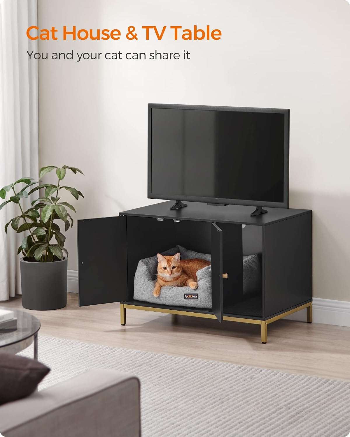 Mueble Arenero Oculto Gatos Negro y Dorado 80x50x55 cm - Imagen 4