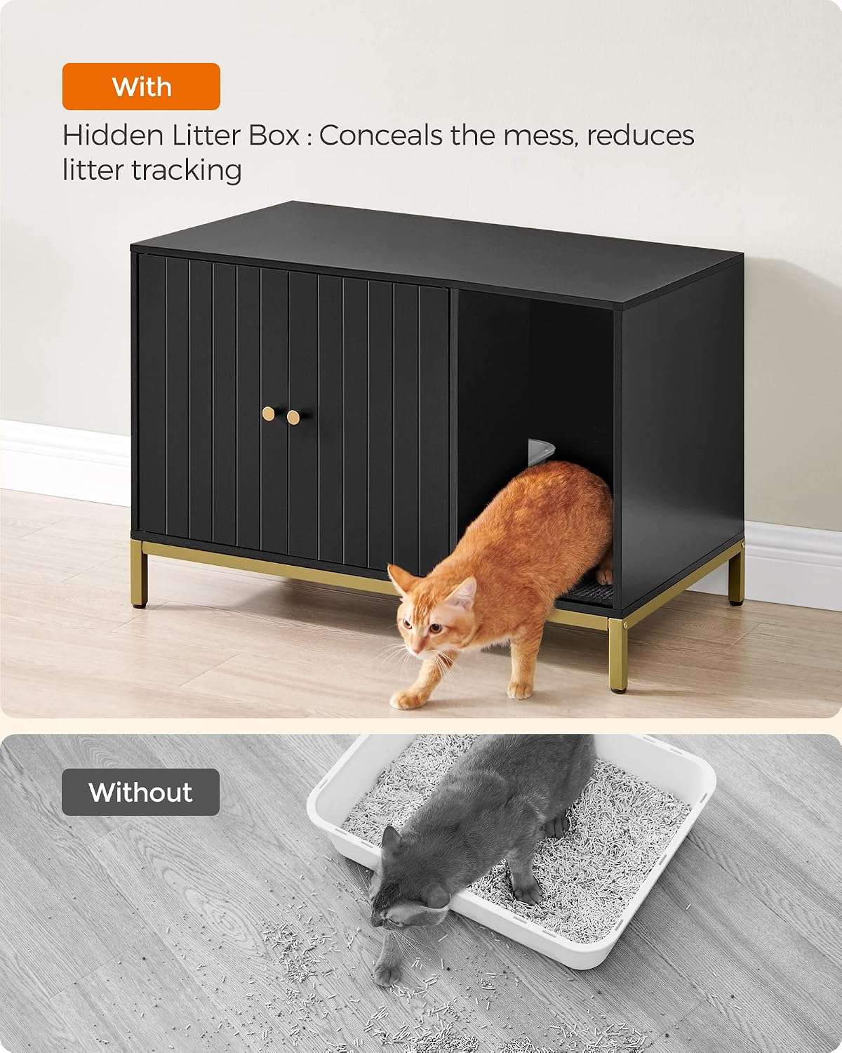 Mueble Arenero Oculto Gatos Negro y Dorado 80x50x55 cm - Imagen 3