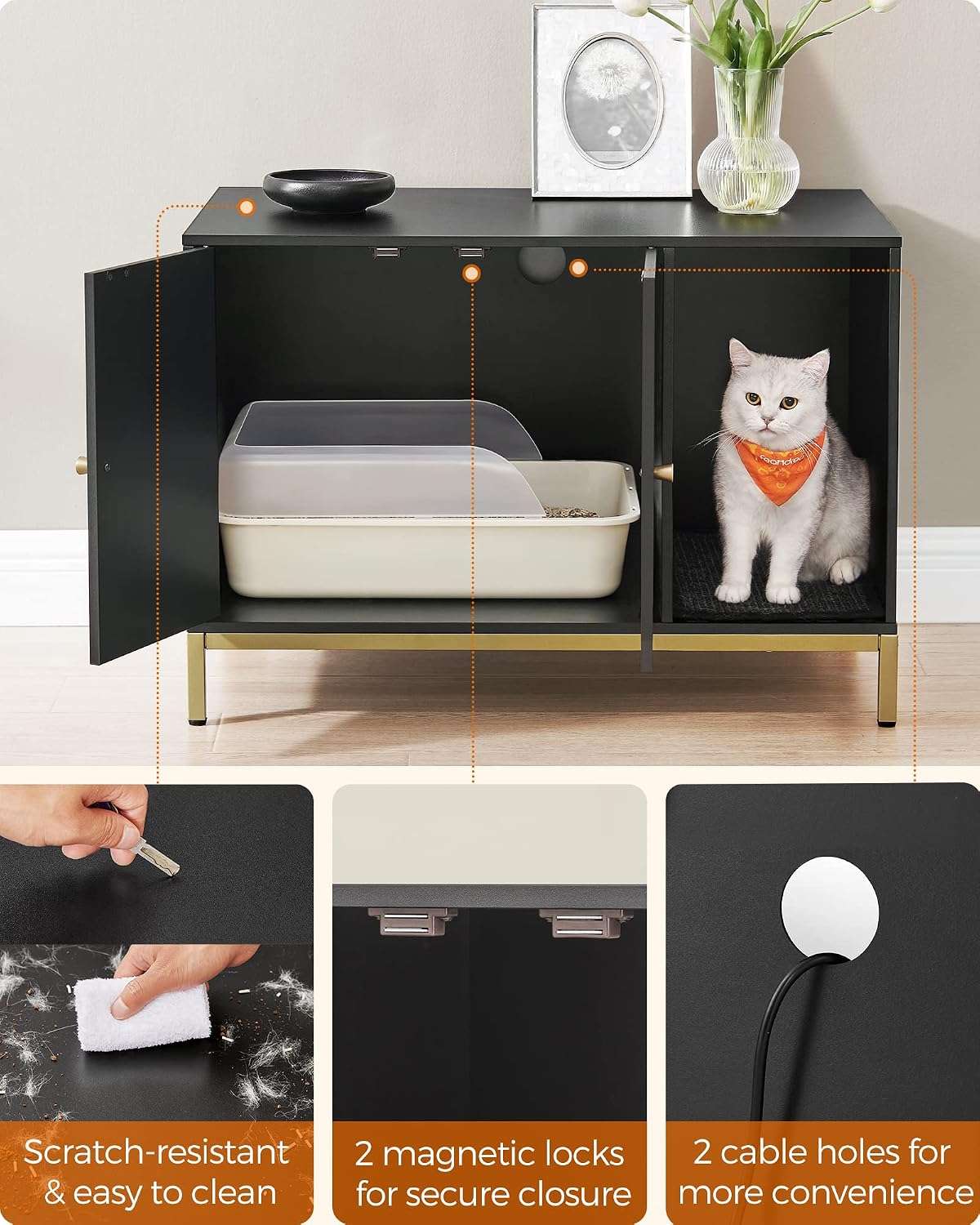 Mueble Arenero Oculto Gatos Negro y Dorado 80x50x55 cm - Imagen 2