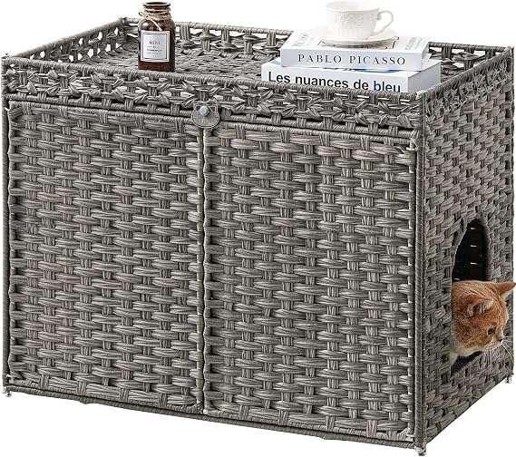 mueble arenero oculto para gatos SETVSON de ratan tejido a mano con marco de metal y dos alfombrillas recolectoras en chile