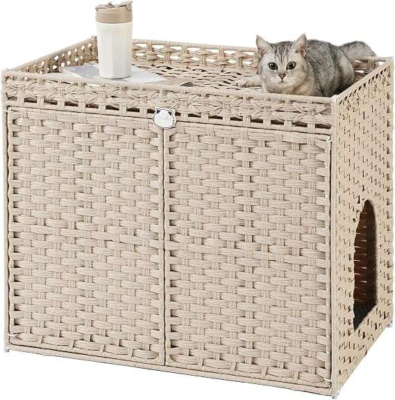 mueble arenero oculto para gatos SETVSON de ratan tejido a mano con marco de metal y dos alfombrillas recolectoras en chile