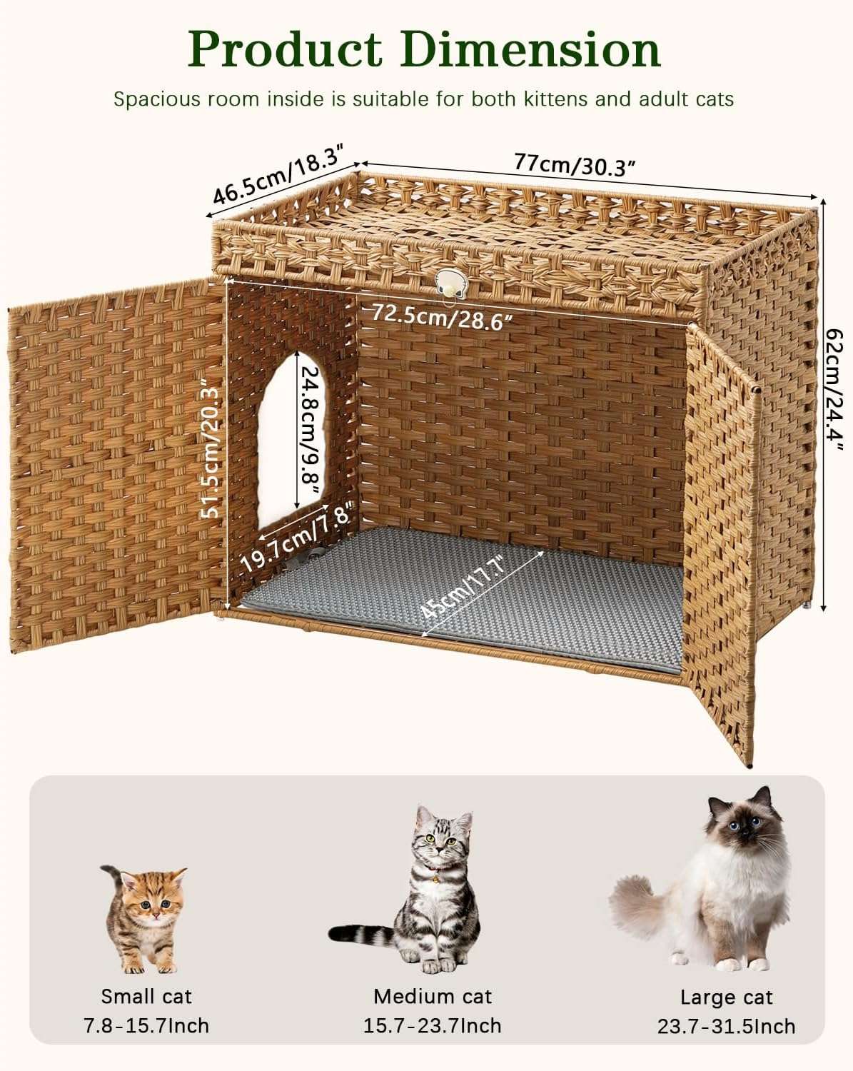 mueble arenero oculto para gatos SETVSON de ratan tejido a mano con marco de metal y dos alfombrillas recolectoras en chile