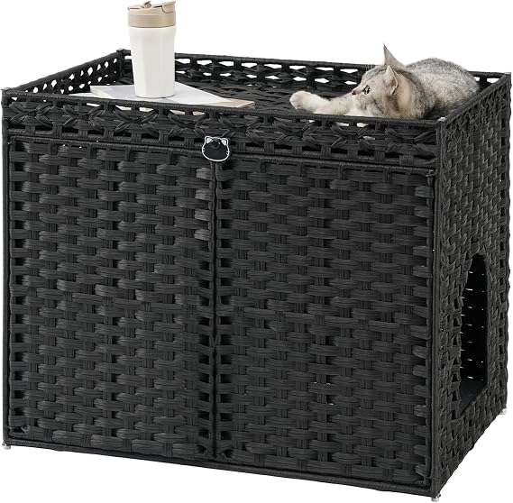 mueble arenero oculto para gatos SETVSON de ratan tejido a mano con marco de metal y dos alfombrillas recolectoras en chile