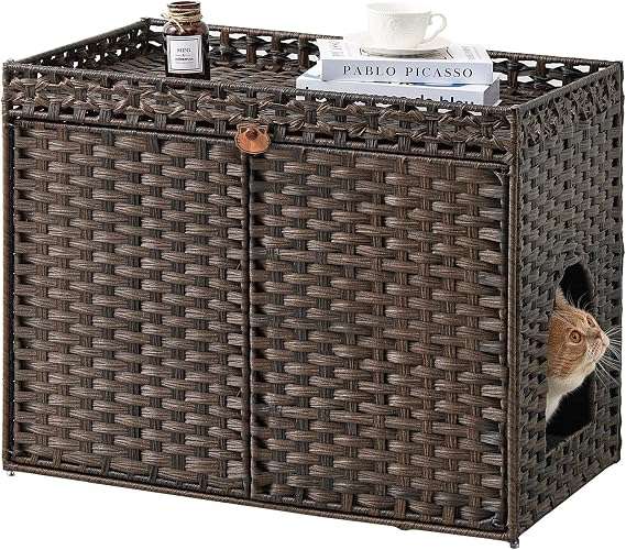 mueble arenero oculto para gatos SETVSON de ratan tejido a mano con marco de metal y dos alfombrillas recolectoras en chile
