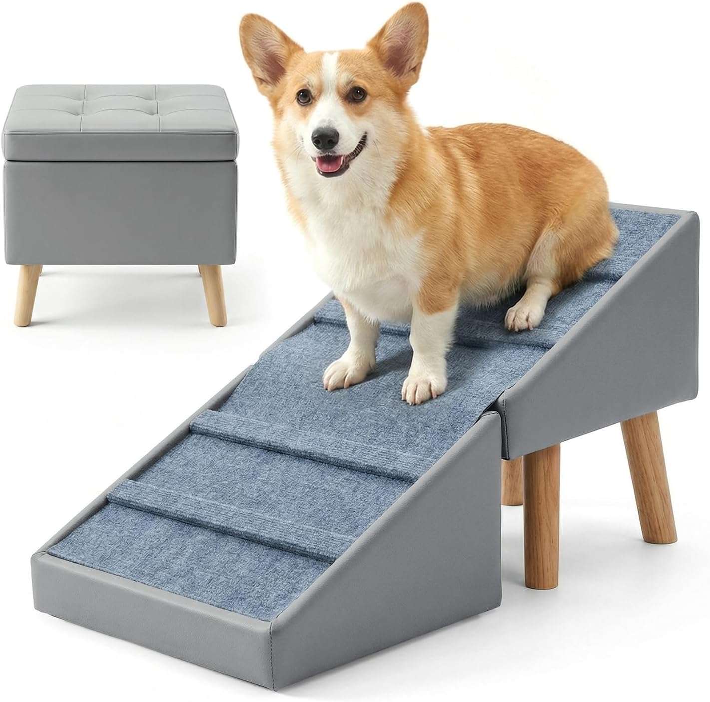 rampa y puff extra ancho de cuero sintetico para perros con almacenamiento oculto y medidas de 41.40 por 47.50 por 46.99 centimetros
