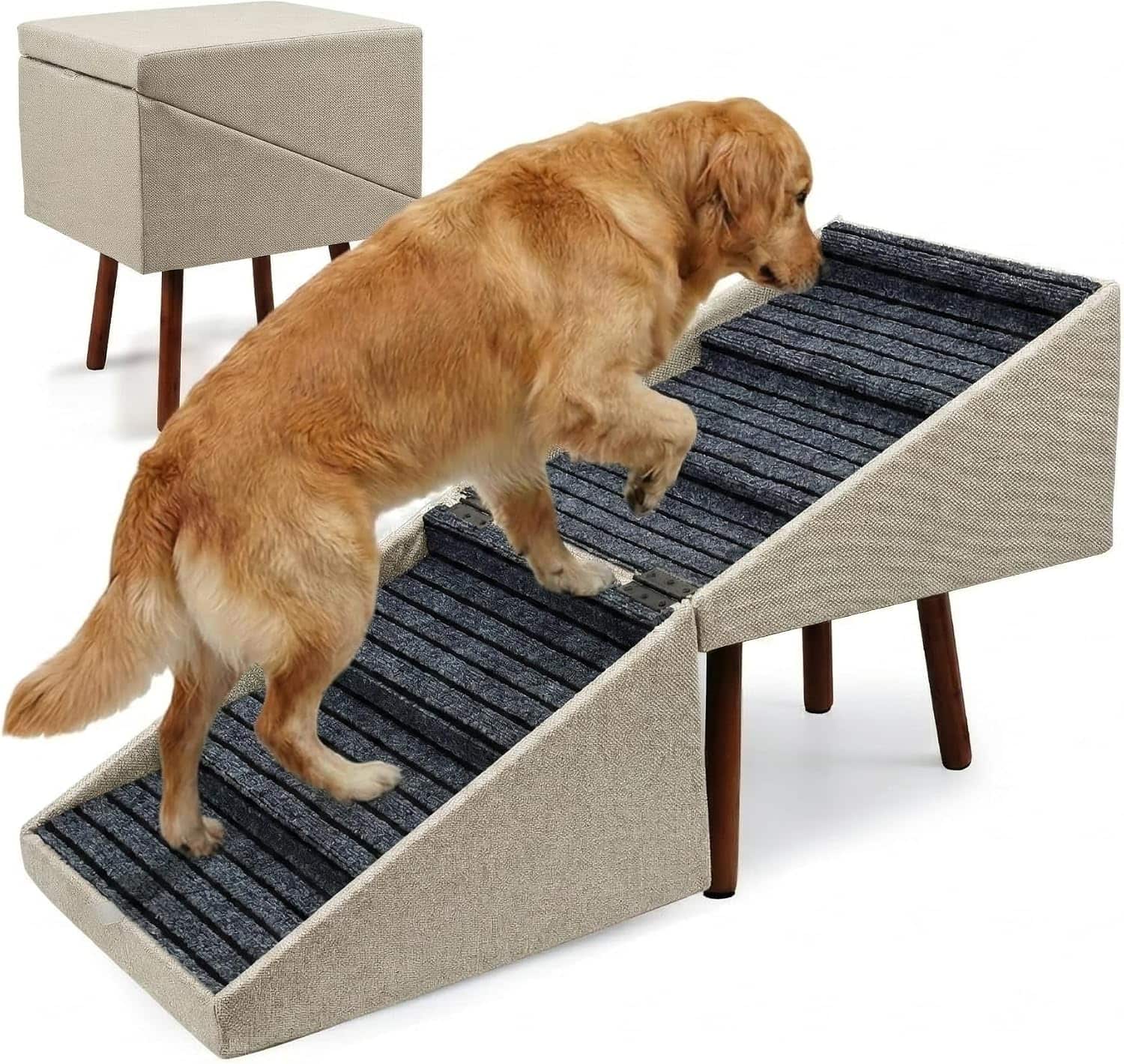 escalera y puff plegable color beige para perros con 6 escalones antideslizantes y altura de 54.86 centimetros