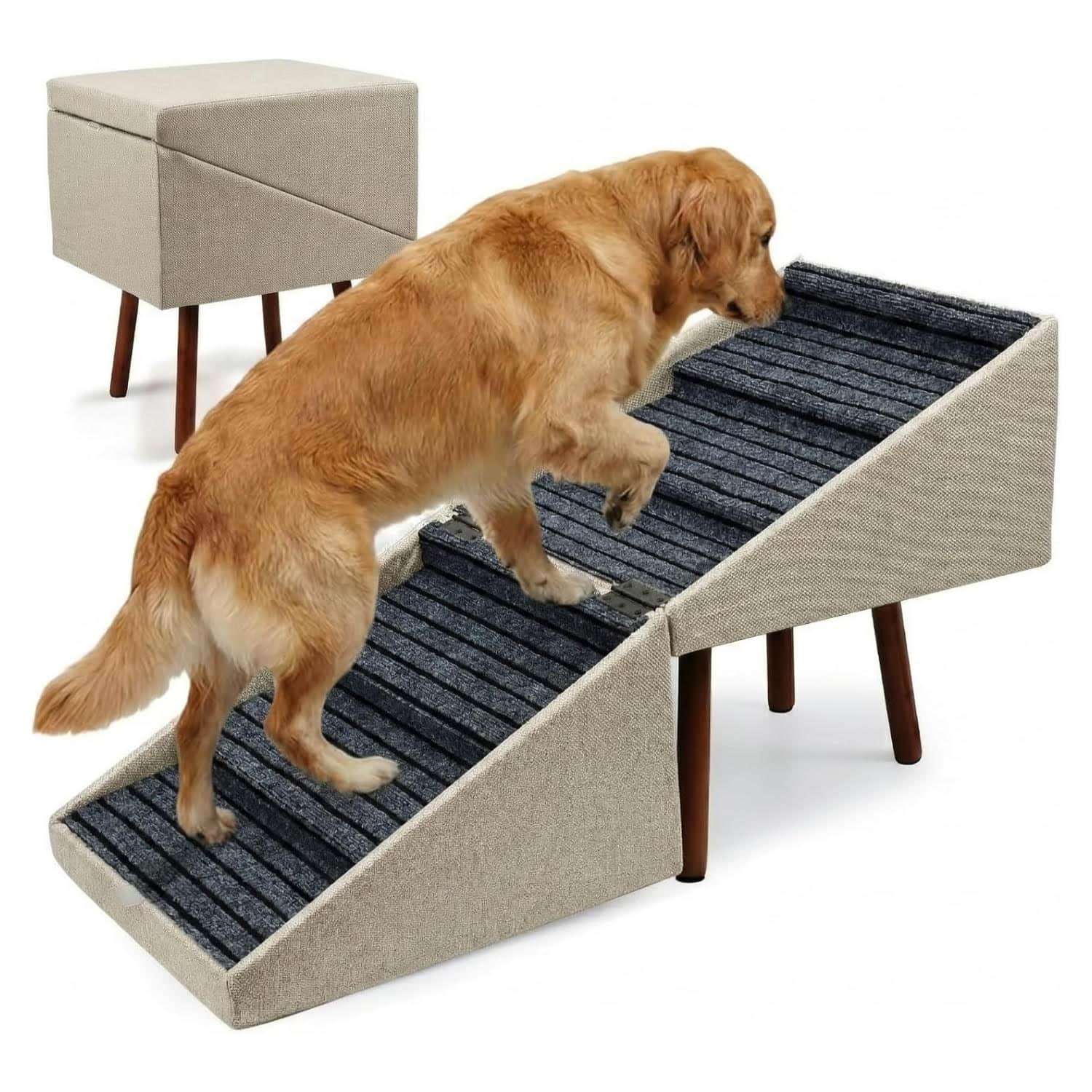 escalera y puff plegable color beige para perros con 6 escalones antideslizantes y altura de 54.86 centimetros
