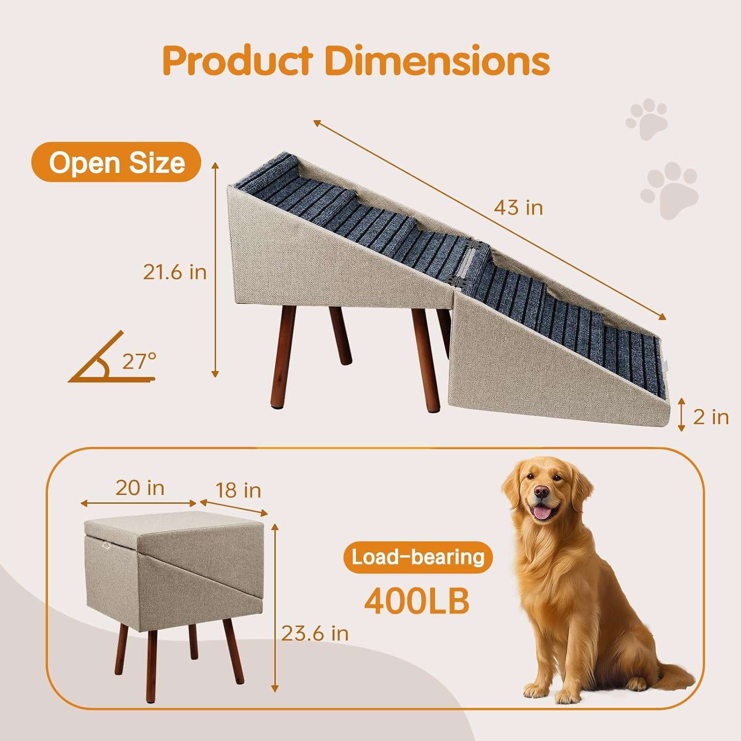 escalera y puff plegable color beige para perros con 6 escalones antideslizantes y altura de 54.86 centimetros