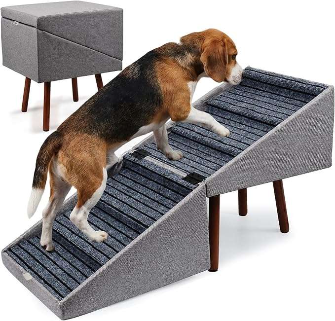 escalera y puff plegable color beige para perros con 6 escalones antideslizantes y altura de 54.86 centimetros