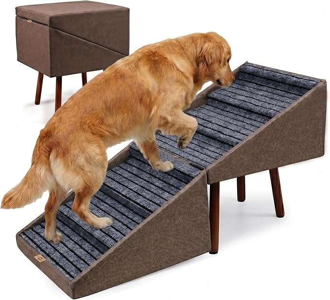 escalera y puff plegable color beige para perros con 6 escalones antideslizantes y altura de 54.86 centimetros