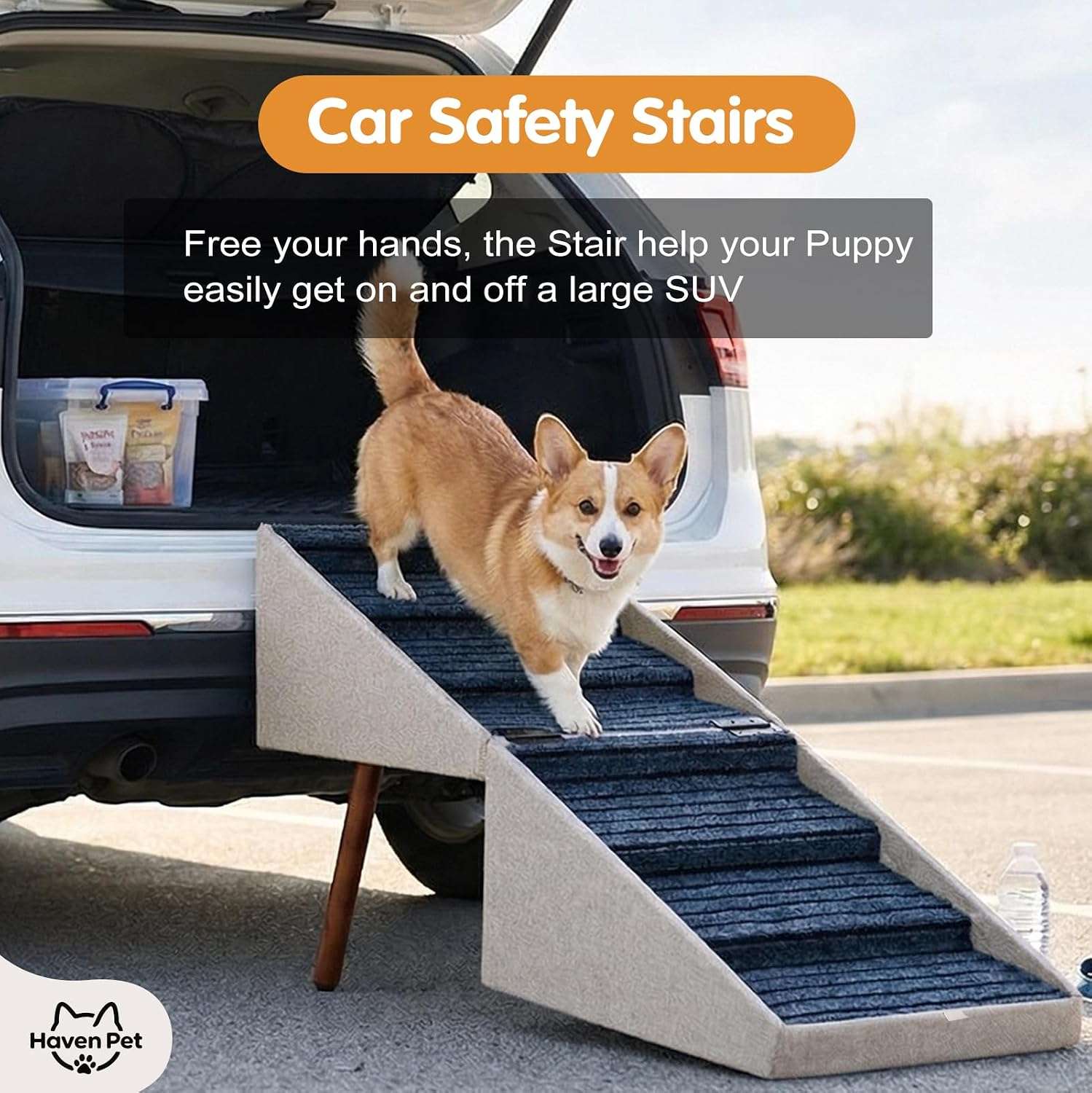 escalera y puff plegable color beige para perros con 6 escalones antideslizantes y altura de 54.86 centimetros
