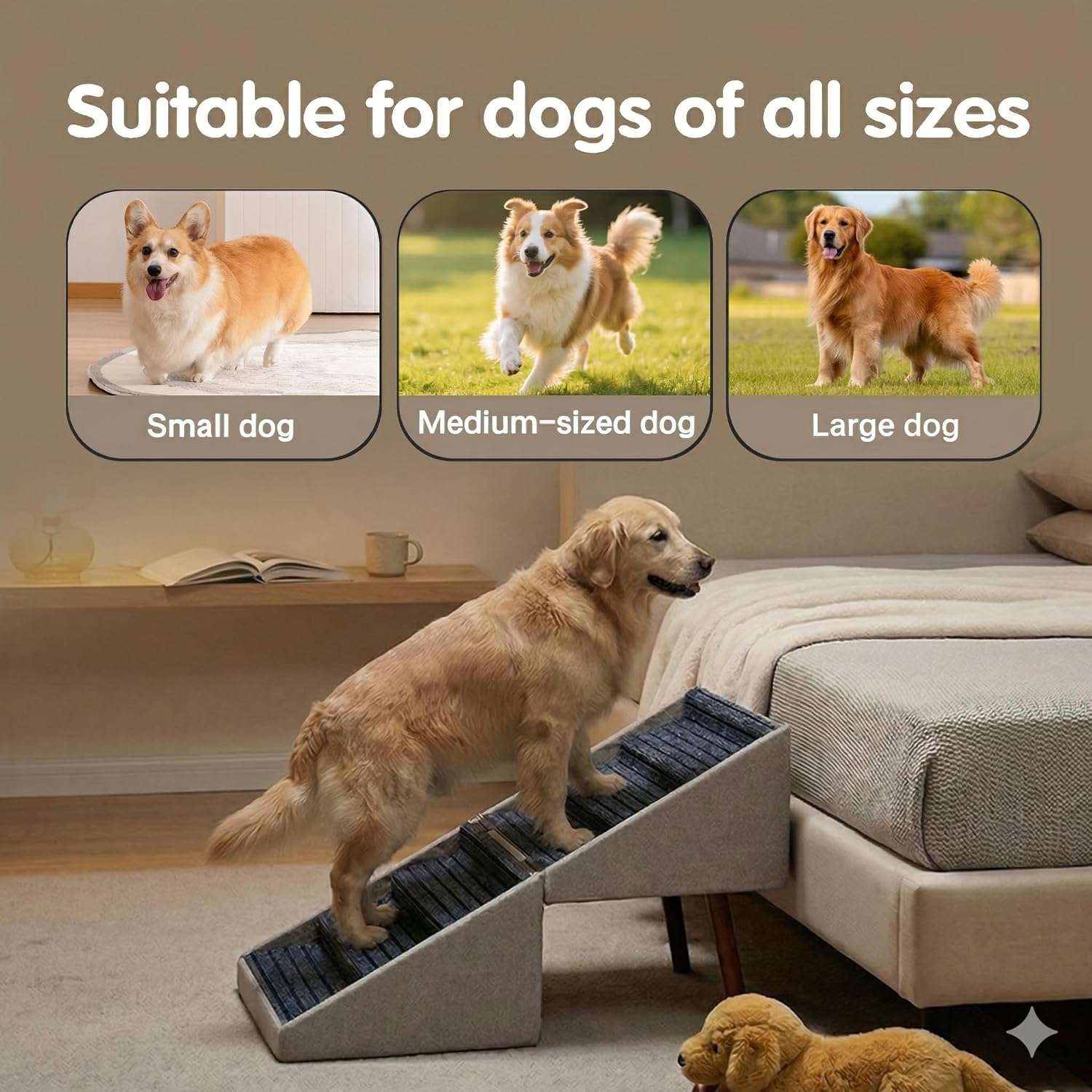 escalera y puff plegable color beige para perros con 6 escalones antideslizantes y altura de 54.86 centimetros