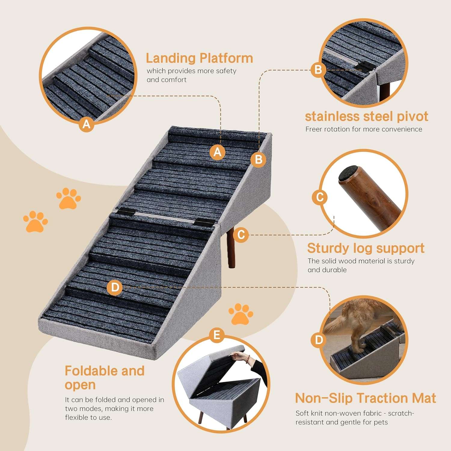 escalera y puff plegable color beige para perros con 6 escalones antideslizantes y altura de 54.86 centimetros