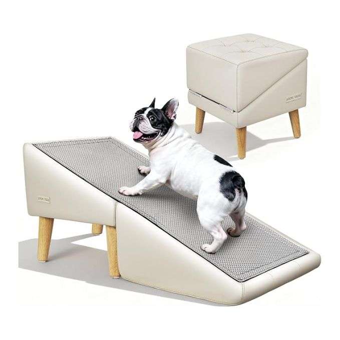 Taburete puff para mascotas con rampa incorporada, patas de madera y superficie antideslizante lavable.