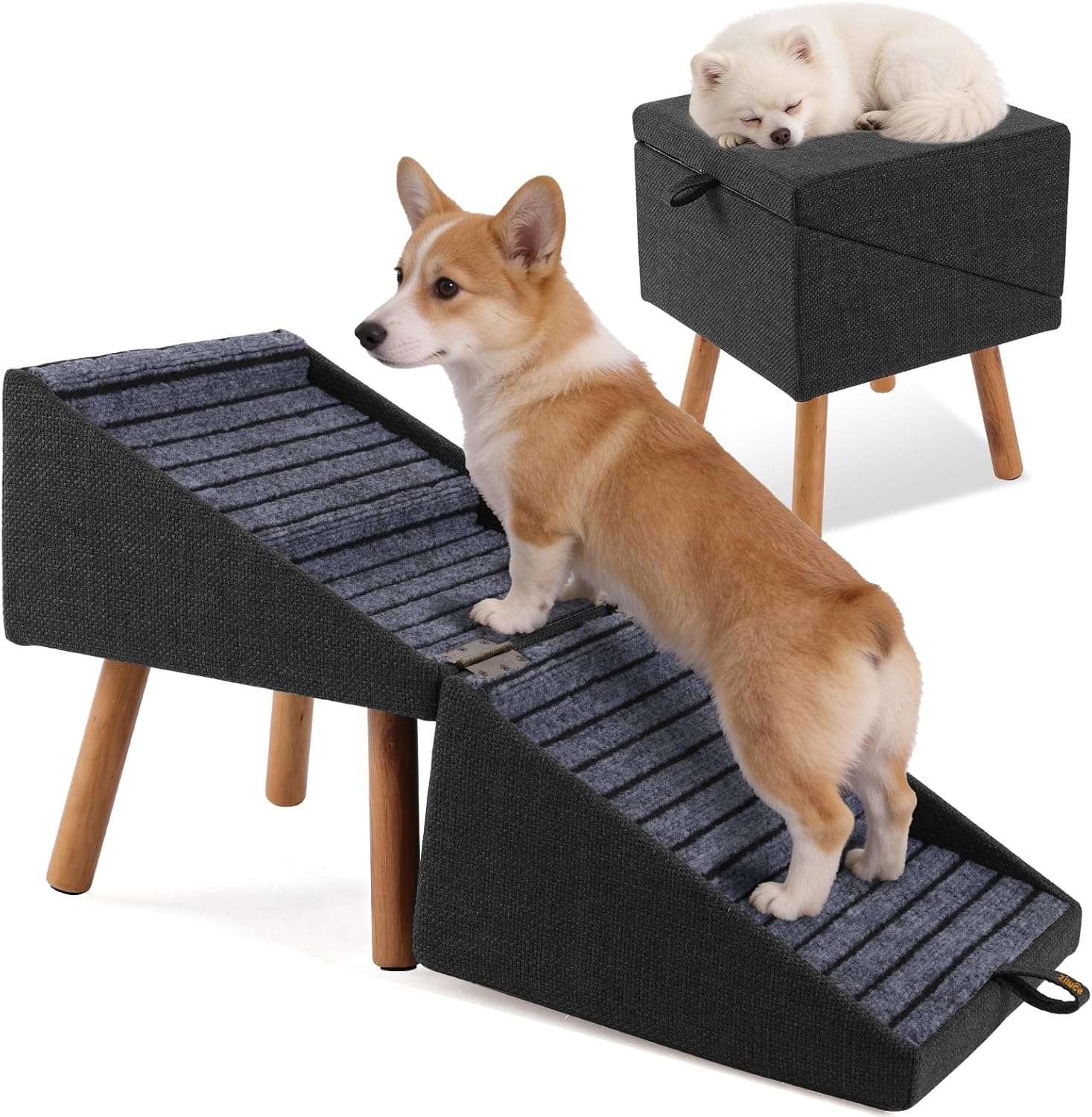 rampa y puff plegable de madera para perros con superficie antideslizante y medidas de 43.51 por 41.99 por 43.51 centimetros