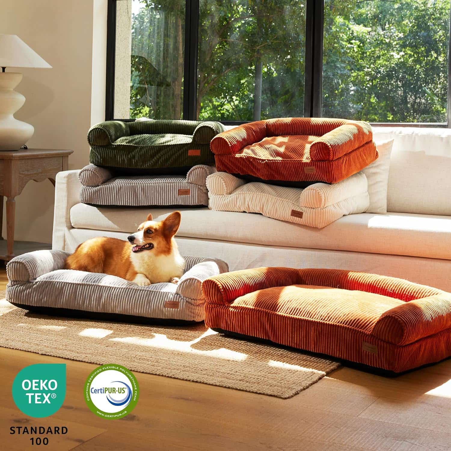 sofa ortopedico impermeable para perros y gatos FUKUMARU de pana con medidas de 71.12 centimetros
