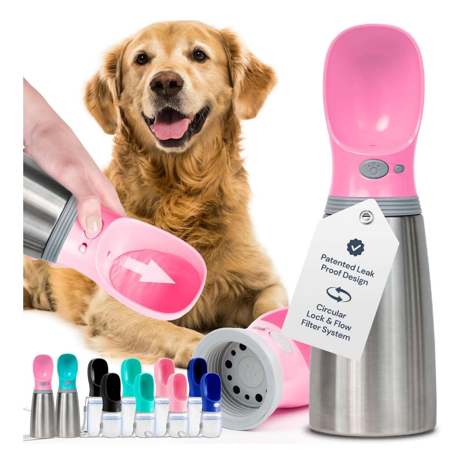 botella de agua termica portatil para perros color rosa de 709 mililitros en acero inoxidable a prueba de fugas
