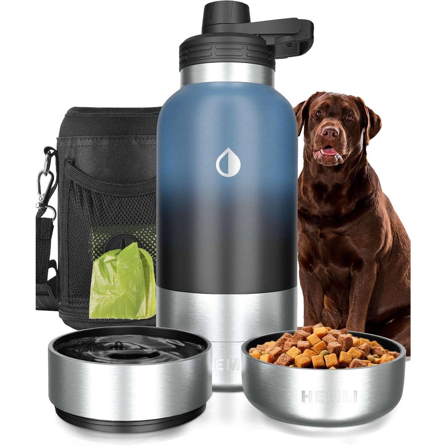 botella de agua termica portatil para perros de 946 mililitros con tazones desmontables y estuche de transporte