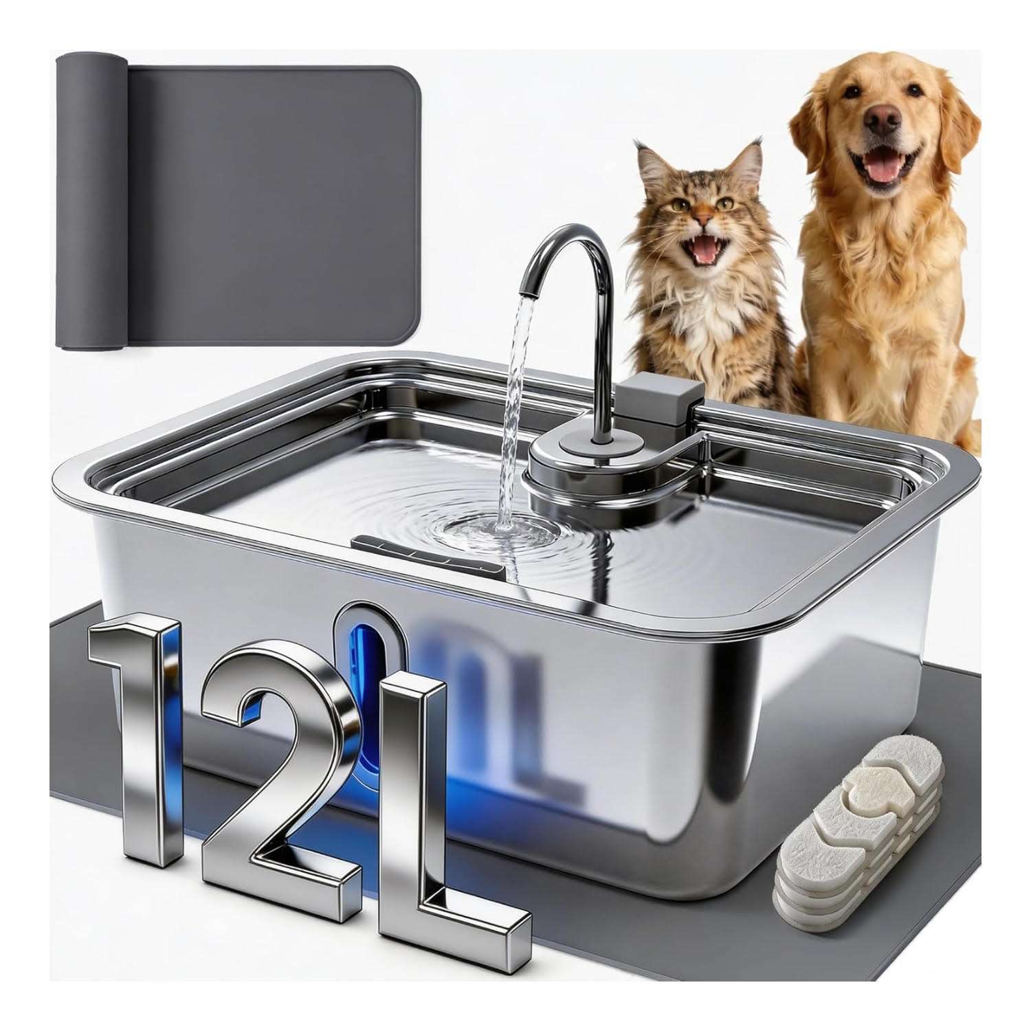 fuente de agua para perros grandes en acero inoxidable con alfombrilla y medidas de 42.49 por 32.51 por 25.30 centimetros