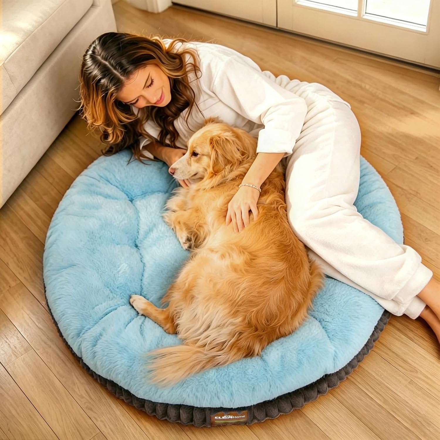 cama ortopedica redonda para perros grandes cleva home de 106 centimetros con funda lavable color azul hielo