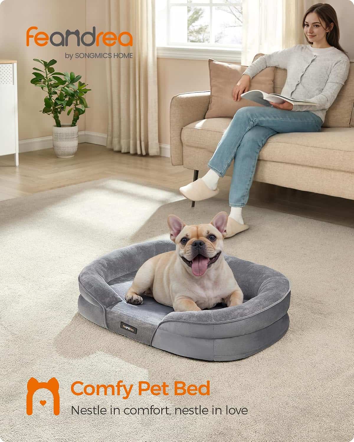 cama ortopedica para perros medianos feandrea de 76 centimetros con bordes elevados y funda lavable
