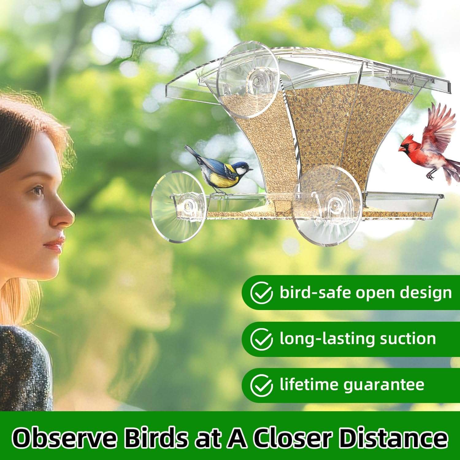 comedero transparente de ventana para pajaros con ventosas fuertes y almacenamiento impermeable