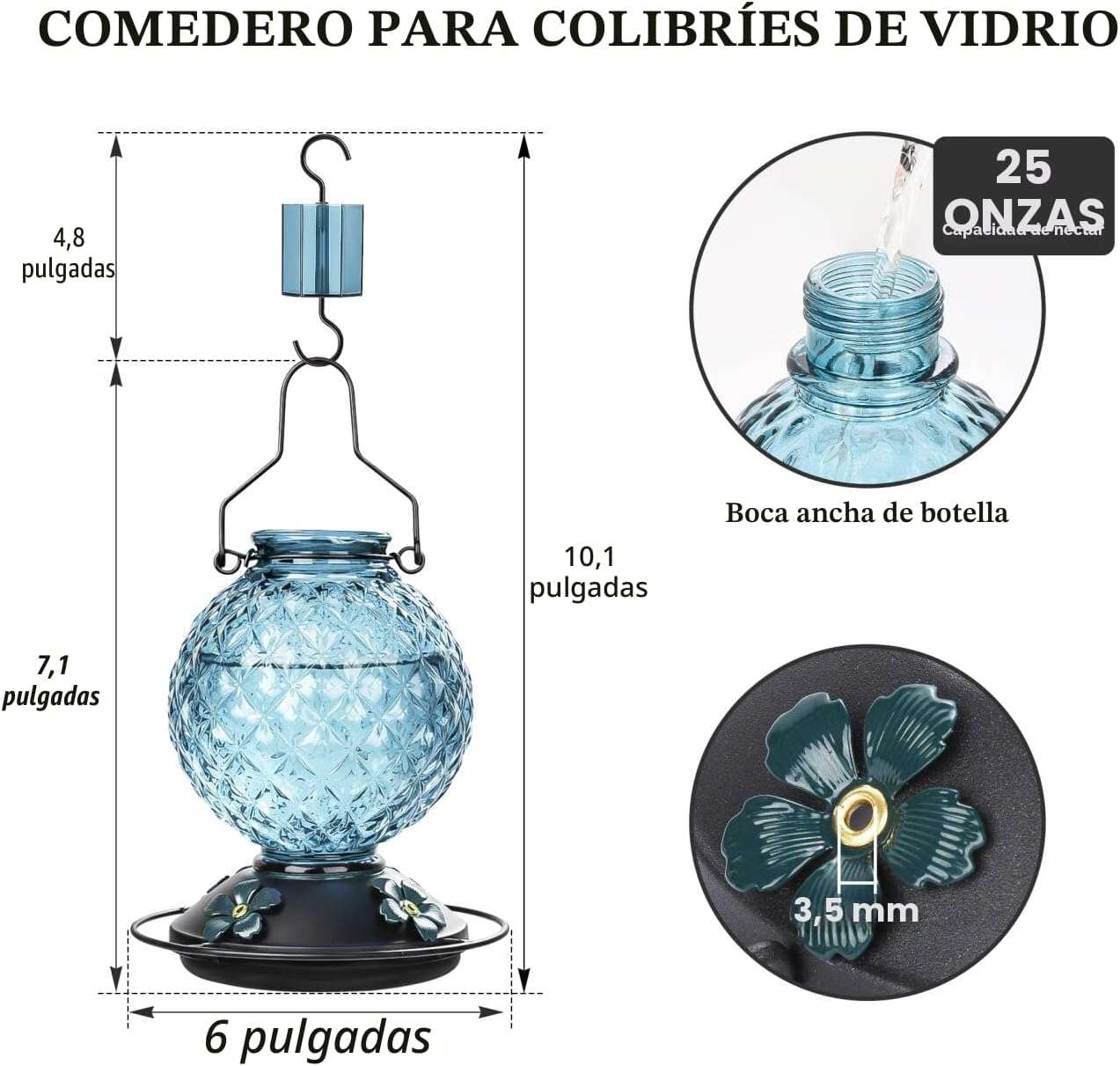 comedero colgante de vidrio para colibries con proteccion contra hormigas y abejas
